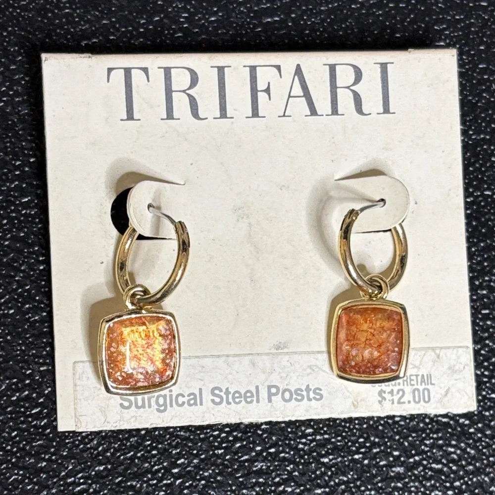 NWT Trifari Surgical Steel Posts Dangle Small Hoop Square Earrings